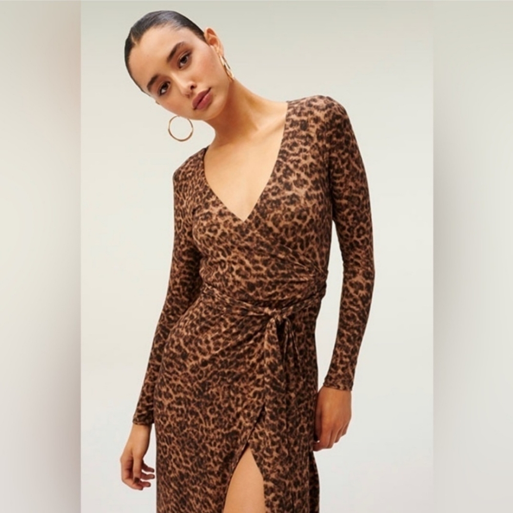 Good American Leopard Print Long Sleeve Dress